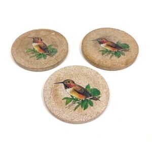 VTG ThirstyStone Hummingbird Coasters Set of 3 Sandstone Drink Bar Cork Back